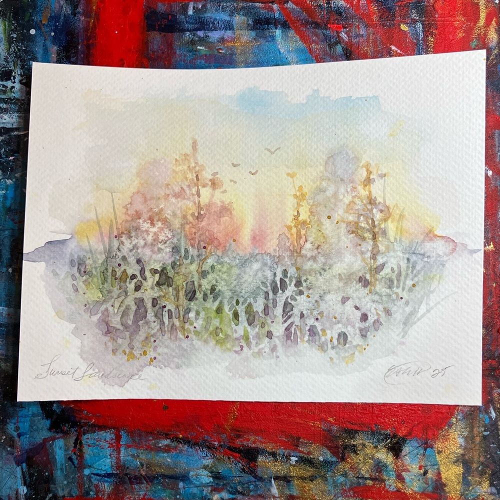 Original sunset painting landscape watercolor nature trees wall decor artwork